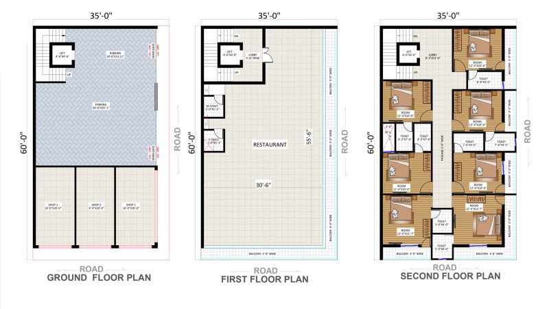 35×60 Commercial Cum Residential Building Plan | Shop, Restaurant & Rooms Design by Naksha Store
